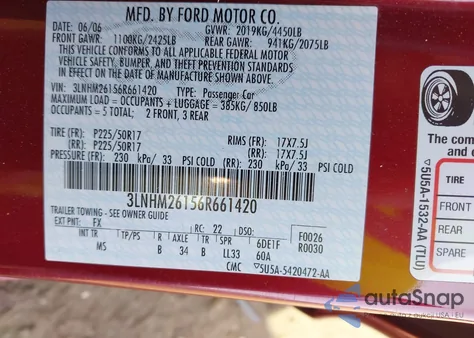 2006 Lincoln Zephyr from USA, damaged, VIN 3LNHM26156R661420